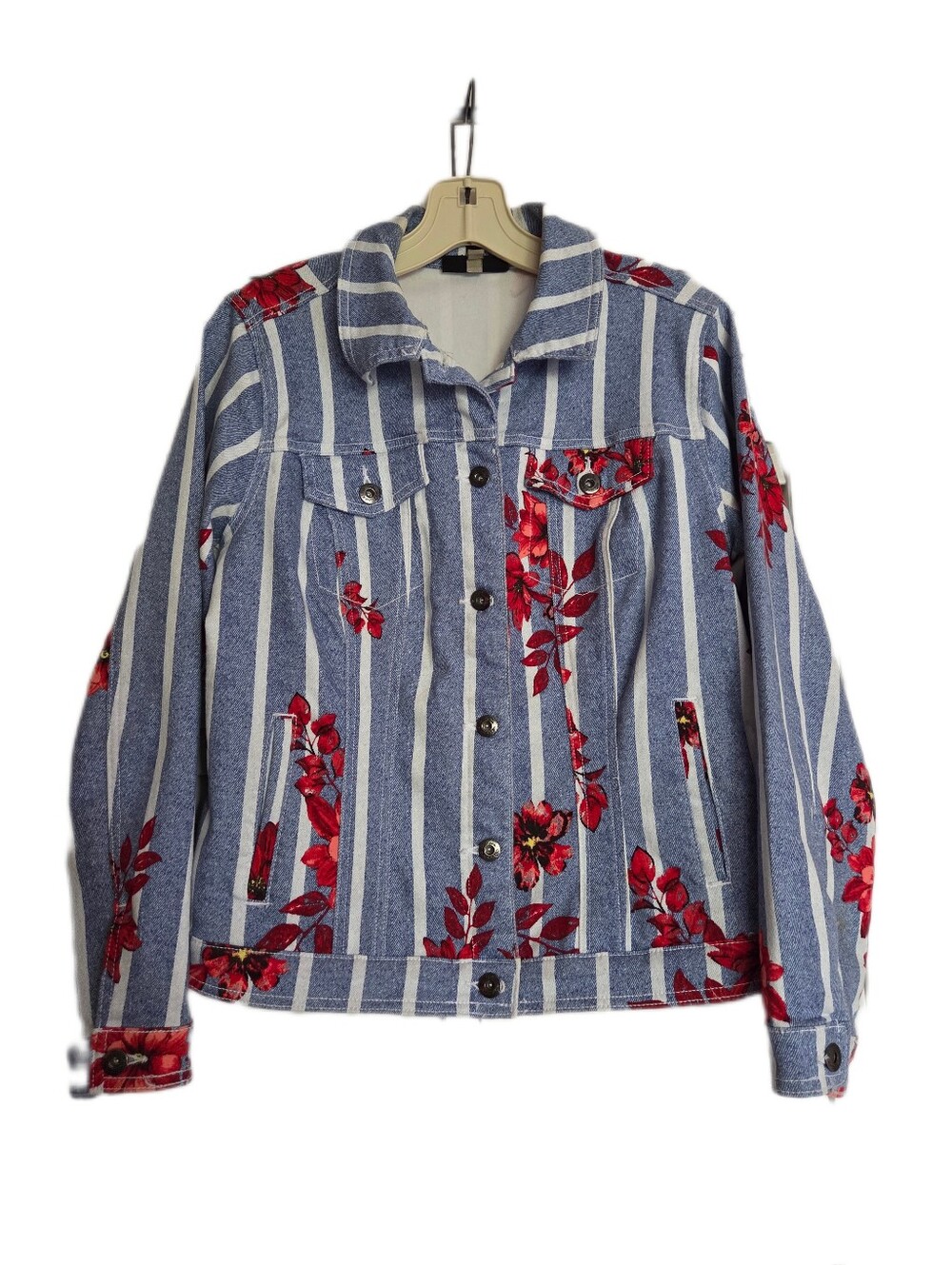Diane Gilman Striped Floral Denim Jacket Blue/ White Y2K Boho Fall Size Small